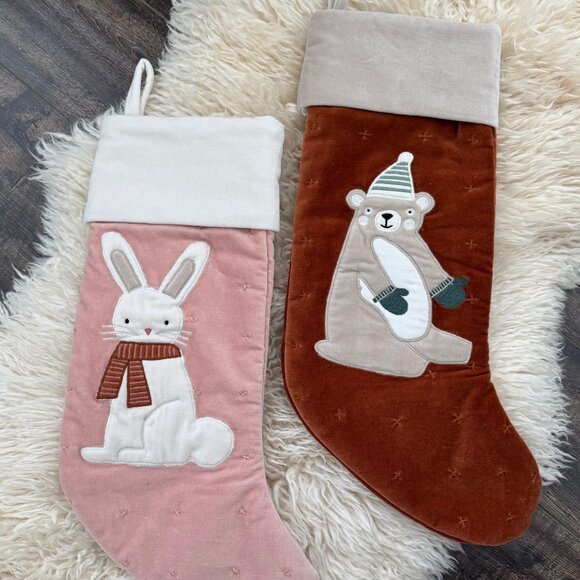 Crate & Barrel Wonderland Velvet Bunny & Bear Christmas Stockings – Brand New - Picture 1 of 12